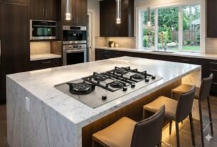 Cozinha moderna com ilha de mármore.