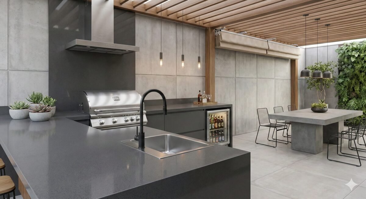 Cozinha moderna com área externa.