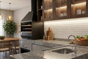 Cozinha moderna com churrasqueira integrada.