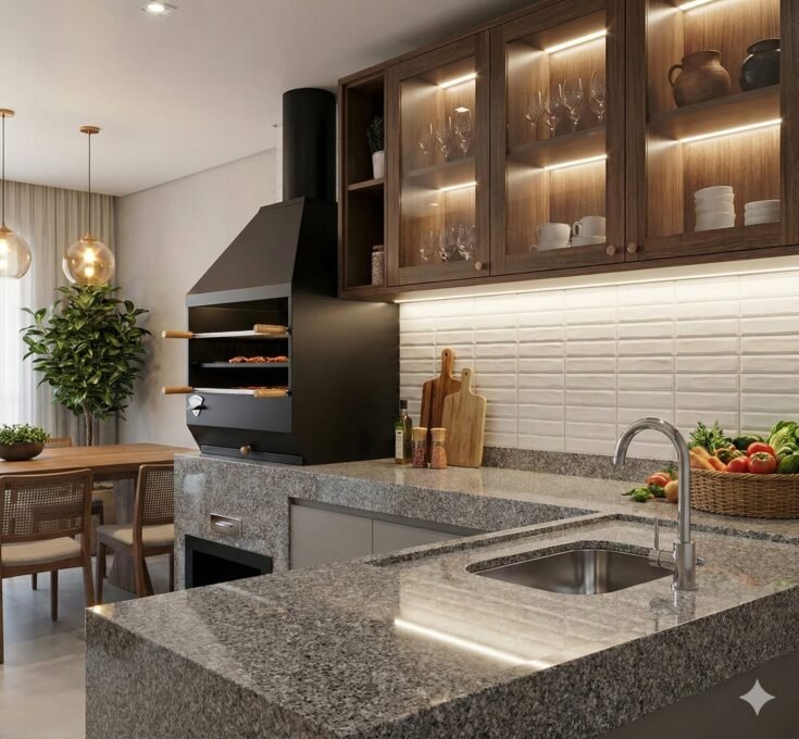 Cozinha moderna com churrasqueira integrada.