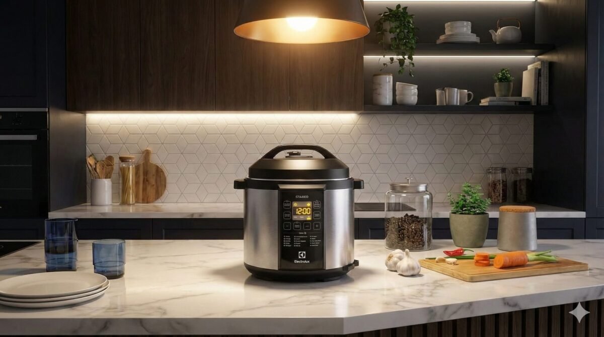 Panela pressão em uma bancada.