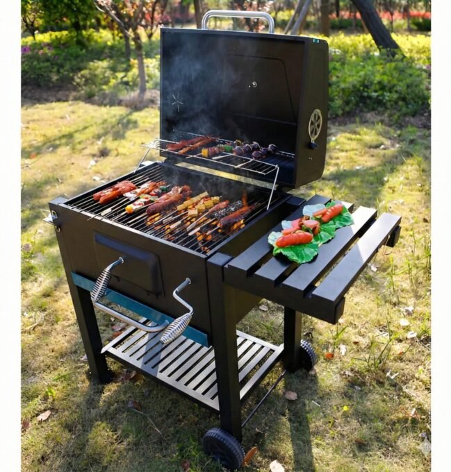 Churrasqueira com espetos e fumaça.